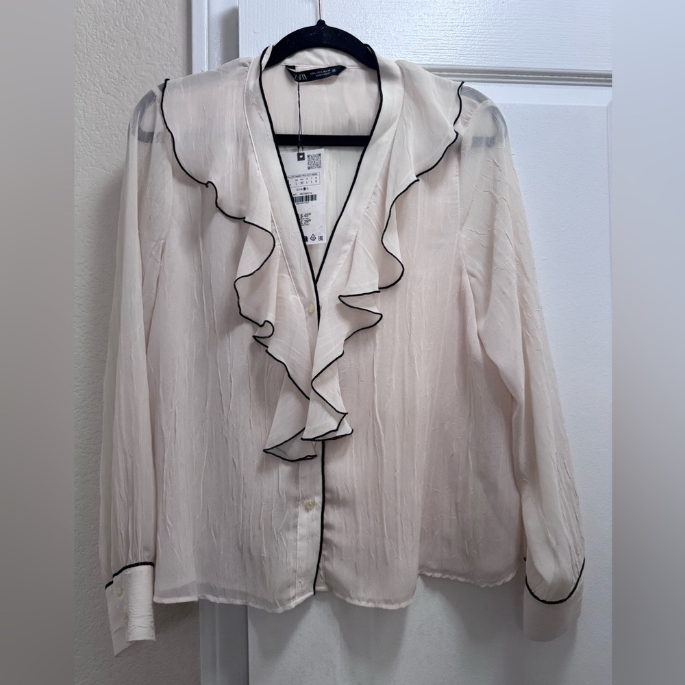 Zara Ruffled Cream Blouse with Black Trim
